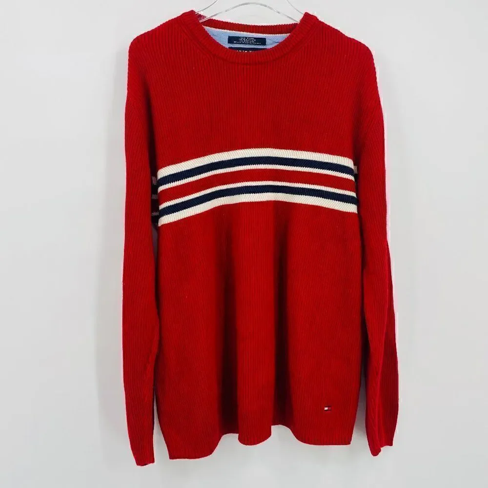 Tommy Hilfiger Size Large Red Flag Print Ribbed Knit Long Sleeve Sweater